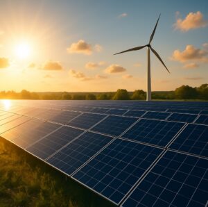 Solpaneler i förgrunden med ett vindkraftverk i bakgrunden under en solig eftermiddagshimmel, symboliserar hållbar energi i harmoni med naturen.